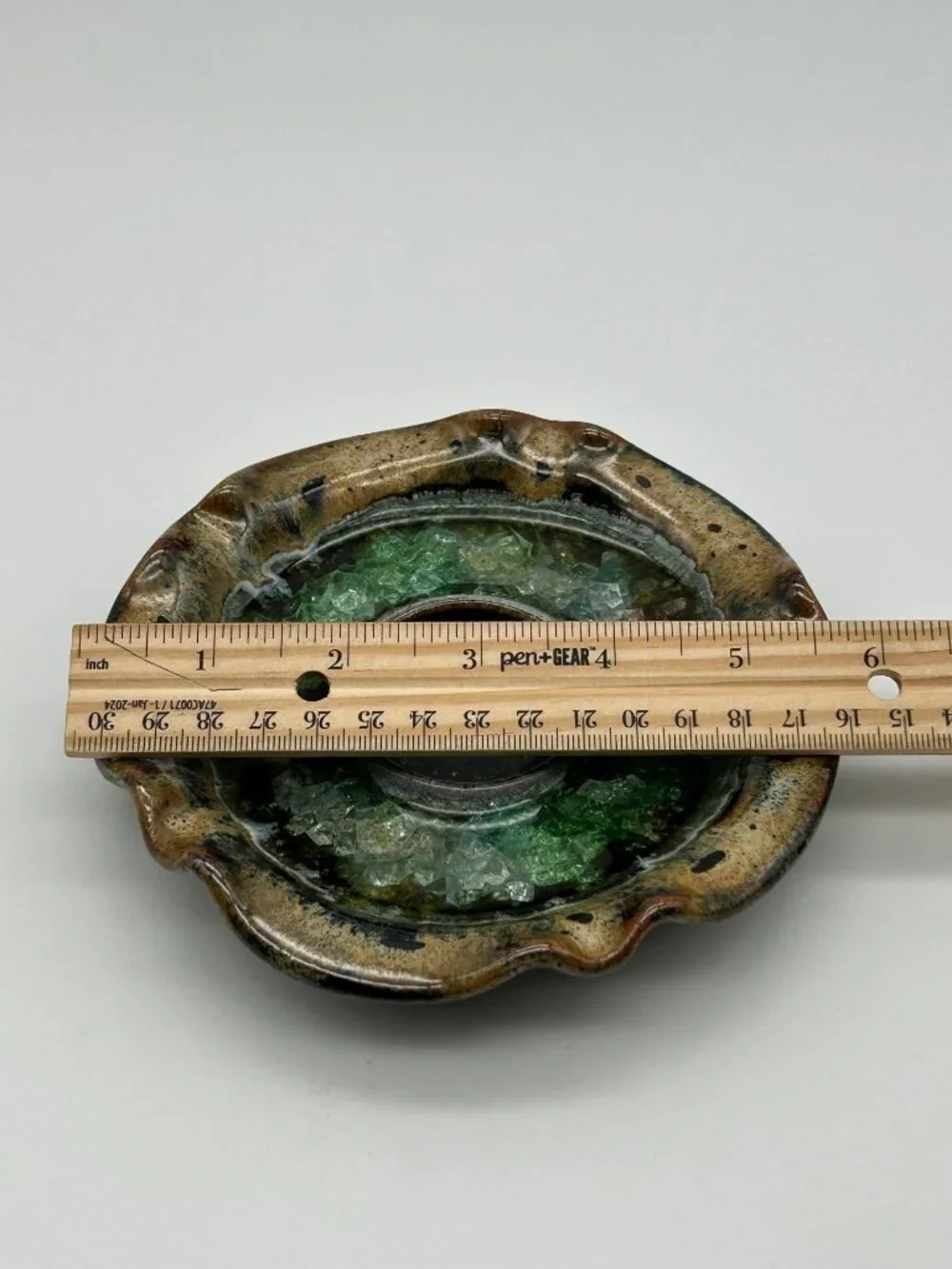 Pottery Fused Crushed Glass Votive Candle Light Holder Green & Brown Speckled